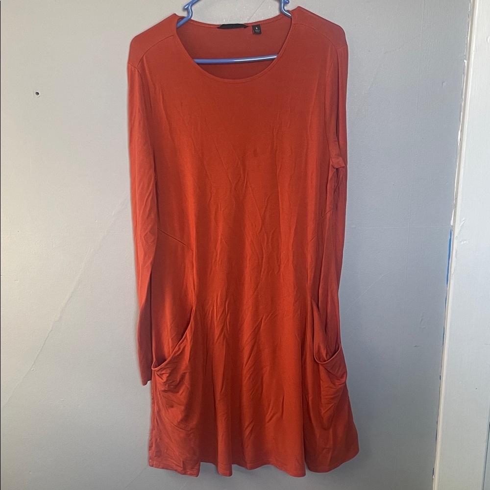 Betabrand S Orange Jersey two pockets long sleeve travel dress casual swing